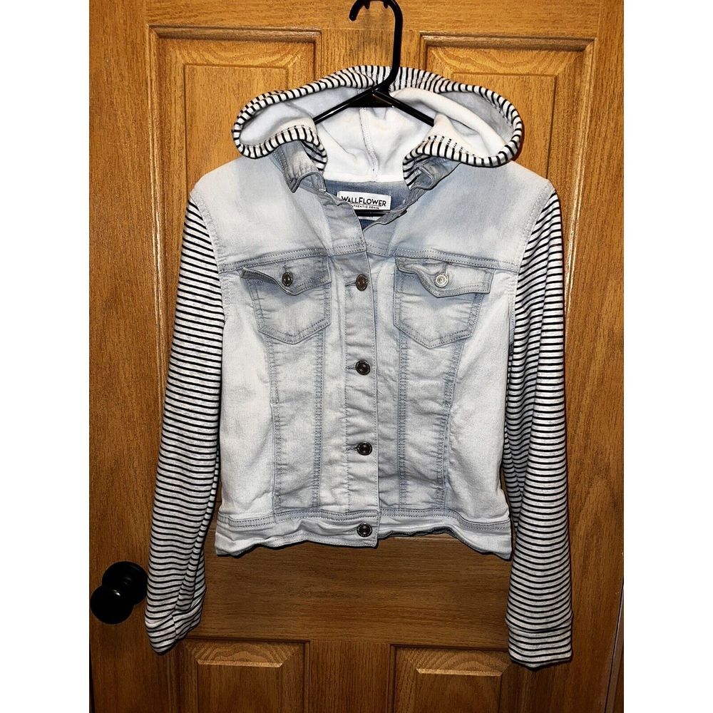 Wallflower Light Wash Denim Hooded Jacket with Striped Sleeves